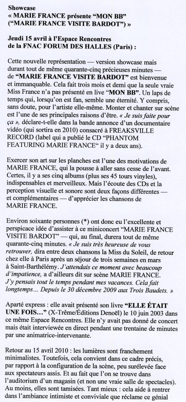 Showcase MARIE FRANCE 15/04/2010 FNAC FORUM HALLES : compte-rendu 100417045057853865851218