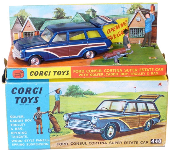 Ford Cortina Corgi 440 sur diorama sur boite détouré