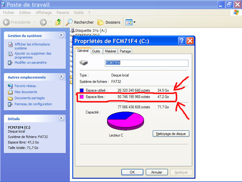 espace-disque disponible sur le disque dur 1007270441551135316472560